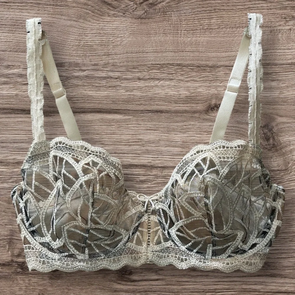 Lejaby Savanna Ecru Embroidery Balconette Underwire Couture Bra France Size 34D
